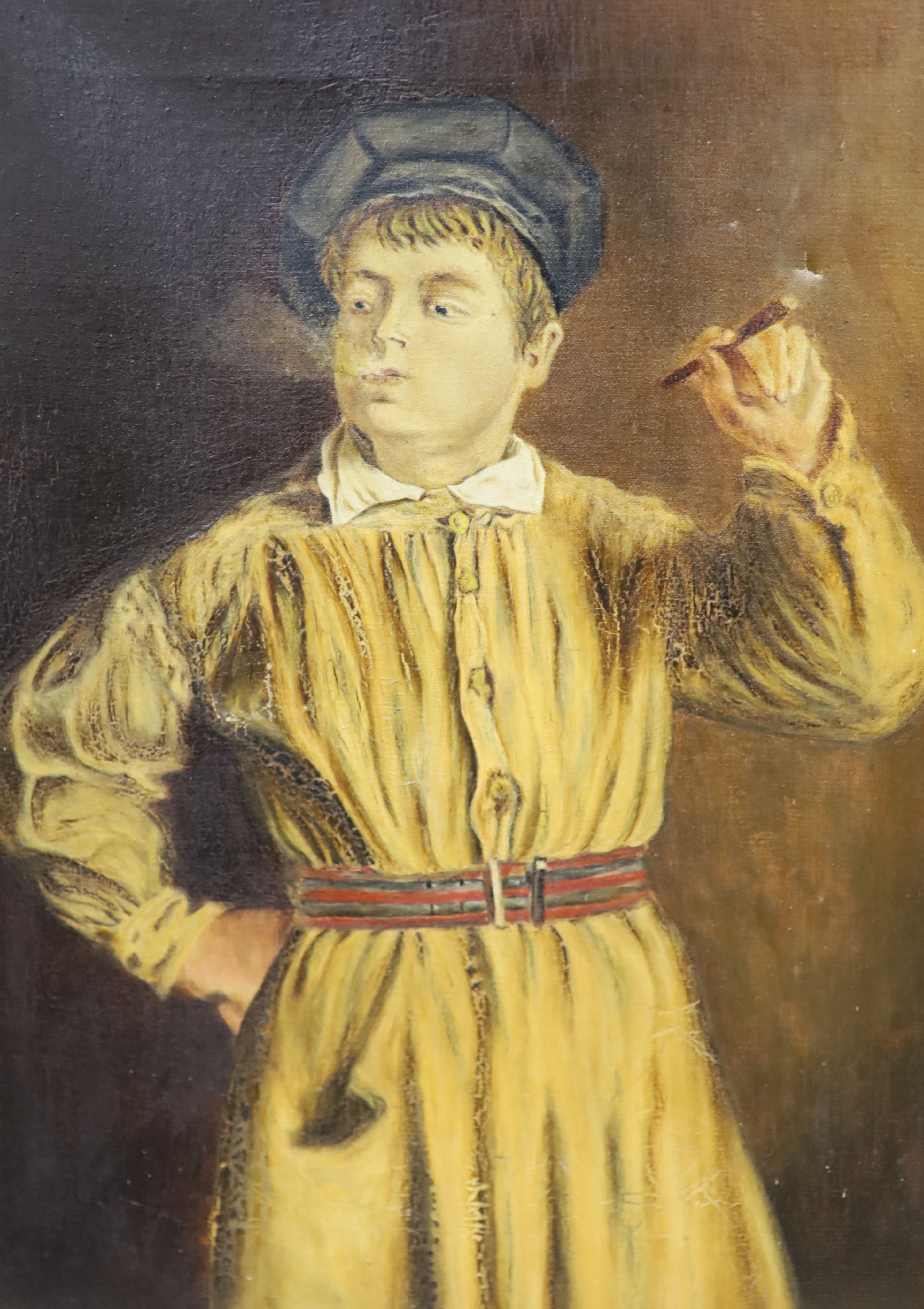 A pair of Edwardian oils on canvas of a boy smoker, 38 x 27cm.